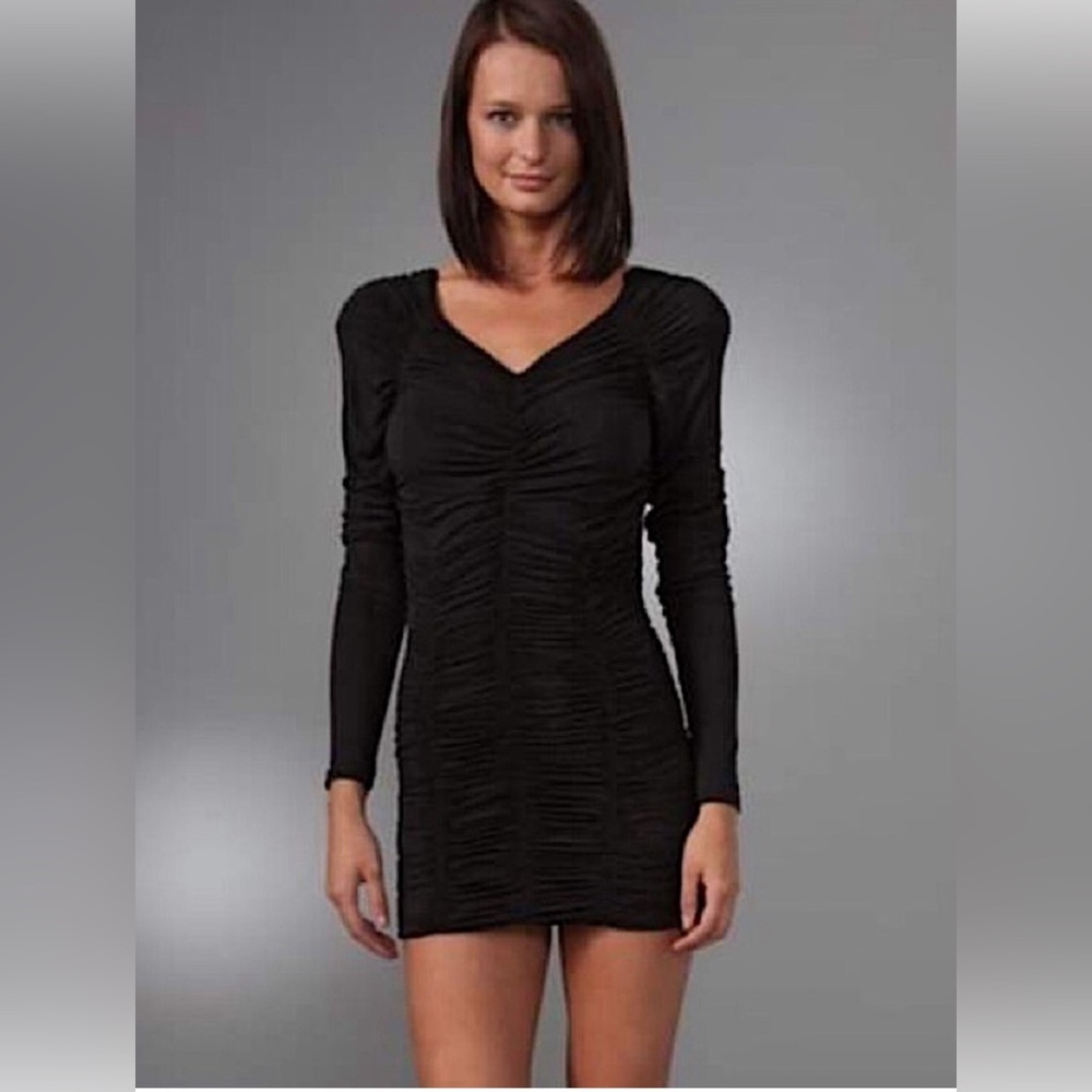L.A.M.B Women's V-Neck Long Sleeve Ruched Bodycon Dress in Black Size Small‎